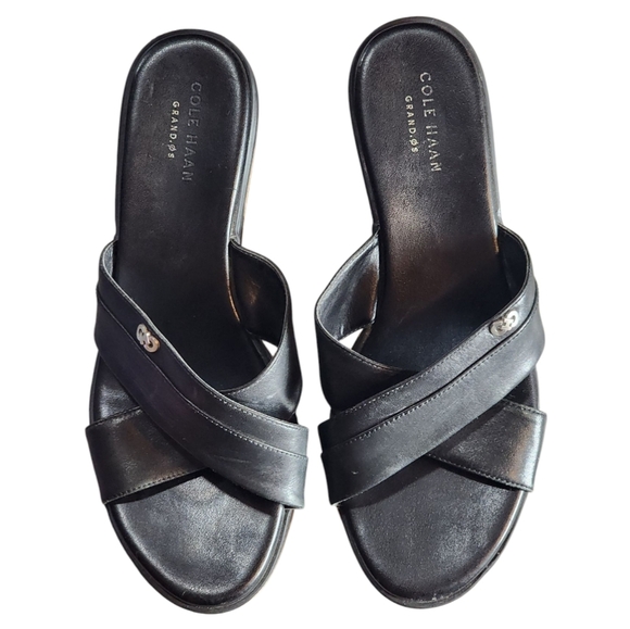 Cole Haan Grand.OS Black Leather Cork Wedge Sandals Slide 7B Comfort - Picture 2 of 14